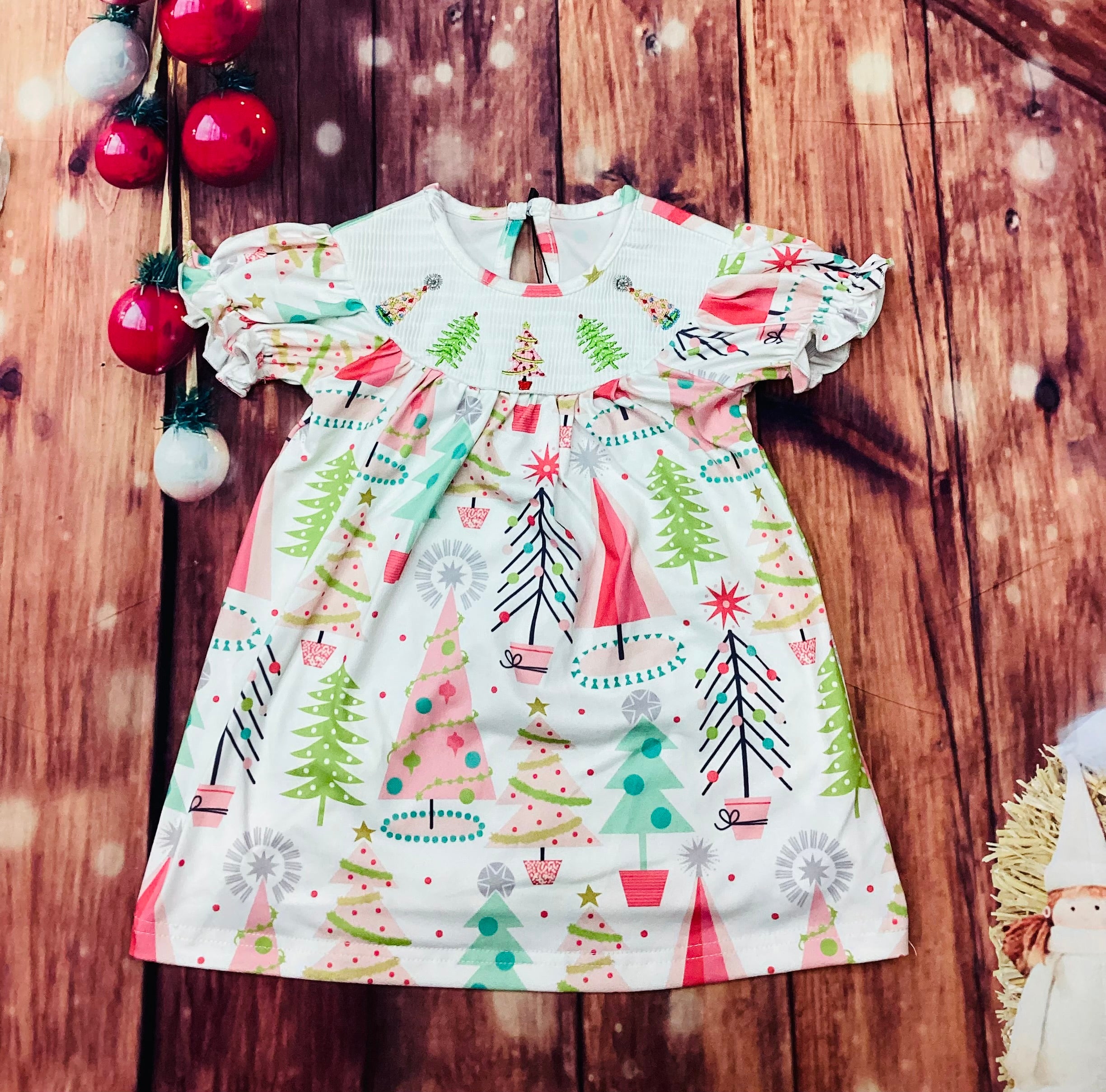 white christmas dresses Pink Christmas Tree Smocked Dress – Lillie & Lilah main image 0